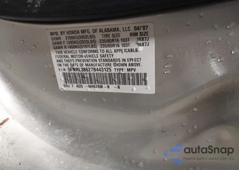 2007 Honda Odyssey Ex-L from USA, damaged, VIN 5FNRL38627B443125